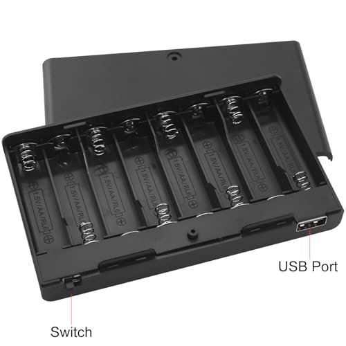 8 x 12V AA Battery Holder Case Box with Built in USB Port and ON/Off Switch and Leads Wire Cover for Strip Lights Toys Door Lock Black