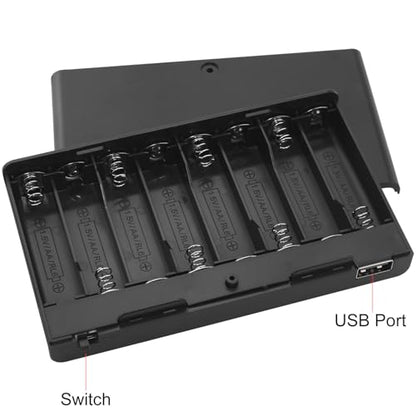 8 x 12V AA Battery Holder Case Box with Built in USB Port and ON/Off Switch and Leads Wire Cover for Strip Lights Toys Door Lock Black