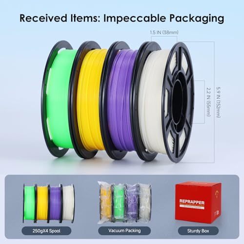 RepRapper 4 x 250g Glow Colors Pack, Glow in the Dark PLA Filament 1.75mm (+- 0.03mm) for 3D Printer, 4x250g Spools - Yellow, Purple, Green, White to Rainbow - color: Purple/Yellow/Green/White to Rainbow