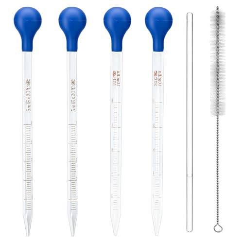 4 Pack Glass Pipettes Dropper Graduated Lab Dropper Set, 5ml and 10ml Droppers Set Includes Stir Rod, Cleaning Brush, Rubber Caps, Liquid Transfer & DIY Projects