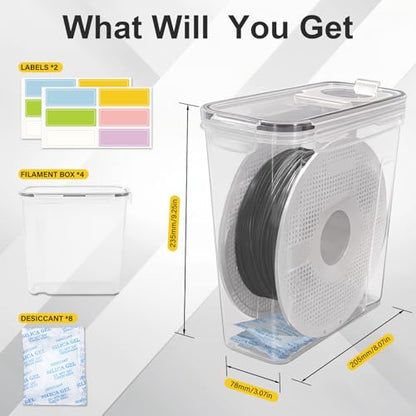 3D Printer Filament Storage Box, 4-Pack Dry Box with Reusable Silica Gel Desiccant for 1KG PLA ABS PETG Filament Spools, Prevent Moisture