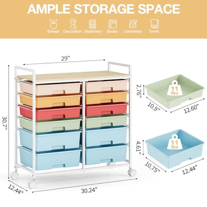 TOOLF 12 Drawers Rolling Storage Cart with Wooden Top for Classroom,Rainbow - color: Rainbow