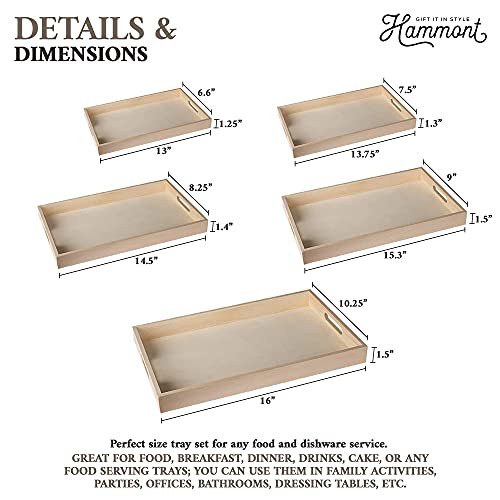 Hammont Wood Serving Tray Set with Handles - 5-Piece Nested Breakfast Trays for Food, Party Buffet, Organizing, and Montessori - Versatile Wooden Trays for Serving, Catering, and Bathroom Use
