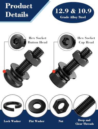 2400PCS M3 Screws Assortment Kit, 12.9 & 10.9 Grade Alloy Steel Socket Head Cap & Button Head Screws with Hex Nuts, Flat & Spring Lock Washers, Metric Bolt Set S2 & S2.5 Hex Key Included, Black Oxide - size: M3 2400pcs