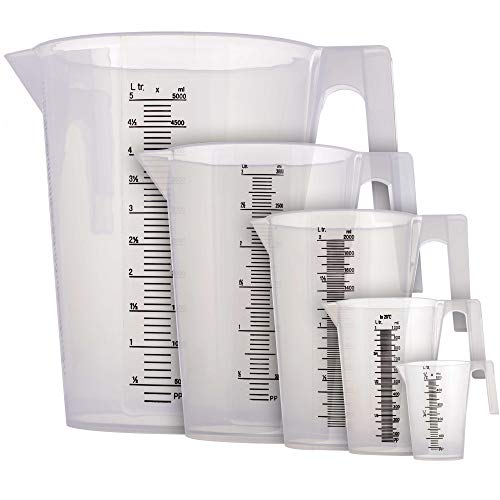 TCP Global 5 Piece Set of Plastic Graduated Measuring and Mixing Pitchers - size: 500-5000ml Set