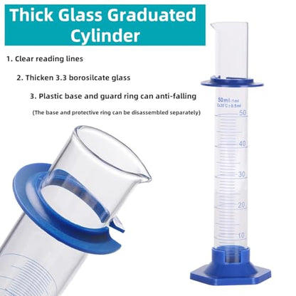 2Pcs 50ml Graduated Cylinder, Thick Glass Measuring Cylinder, with Anti-Falling Plastic Base and Bumper Guards, for Science Laboratory Measuring Liquid, Bring 2 Brushes and droppers - size: 50ml