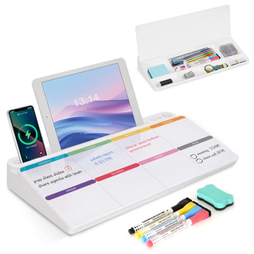 Desktop Glass Whiteboard with Storage, Weekly Calendar Desk White Board - color: Organizer-white Colourful Weekly Planner
