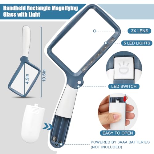 Folding Handheld Magnifying Glass with Light, 5X Large Rectangle Reading Magnifier with Dimmable LED for Seniors with Macular Degeneration, Newspaper, Book, Small Print, Lighted for Low Visions Blue - color: Blue
