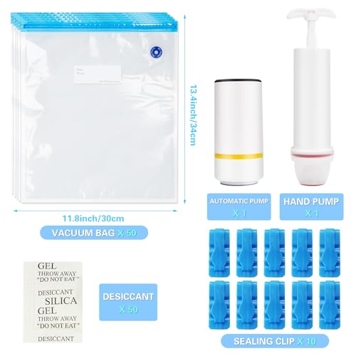 50 Pcs 11.8x13.4in Filament Vacuum Storage Bags Manual Auto Pumps - color: 50 Bags with Pump