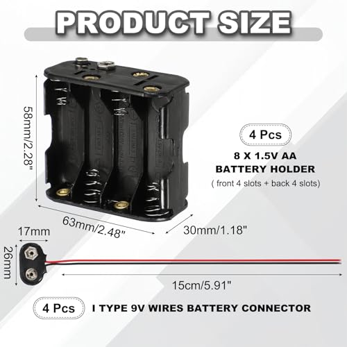 MECCANIXITY 4Pcs 8 x 1.5V AA Battery Holder with 9V T Type Snap Connector