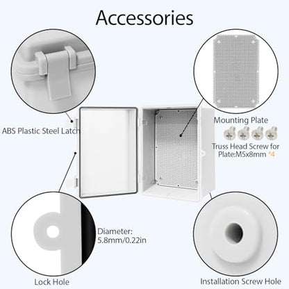 Junction Box ABS Plastic IP65 Waterproof Dustproof Universal Electrical Enclosure, Hinged Shell Outdoor and Indoor Usage Project Box11.4"x 7.5" x 5.5"(290 x 190 x 140mm), Grey - size: 11.4" x 7.5" x 5.5" (1pc)