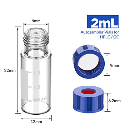 Membrane Solutions 2mL Autosampler Vials, 9-425 GC/HPLC Vials, 100 Pcs - size: Clear Vial & White PTFE septa