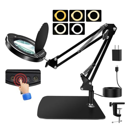 15X HD Magnifying Glass with Light, Hands-Free Desk Magnifier with 2-in-1 Base & Clamp, Adjustable Swing Arm, 5 Color Modes, 10 Brightness Levels for Reading, Crafts, Sewing & Nail Art - style: Clamp+Stand【UPGRADE】