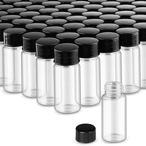 100 Pack,Glass Essential Oil Bottle with Screw Caps,Empty Refillable Travel Glass Liquid Sample Vial Labs Preservation Storage Leakproof Vials Test Container with Black Screw Caps (Clear, 10ml) - color: Clear, size: 10ml