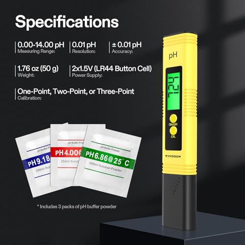 VIVOSUN Digital pH Meter 0.01 Accuracy Pen Tester for Water Hydroponics - color: Yellow