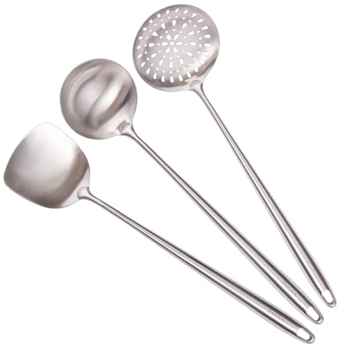 17″ Wok Spatula and Ladle, Skimmer Spoon - 304 Stainless Steel Wok Tool Set - color: 3-Pieces