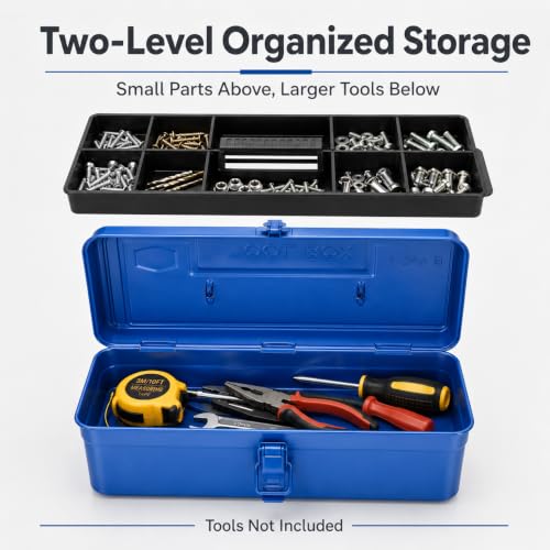 14.2 Inch Portable Metal Tool Box with Removable Tray, Blue - color: Blue
