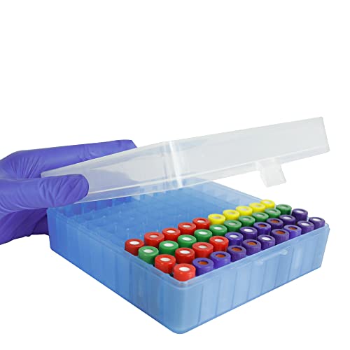 100 Well Microtube Storage Box, Blue Lockable Vial Holder Rack, 1 Pack