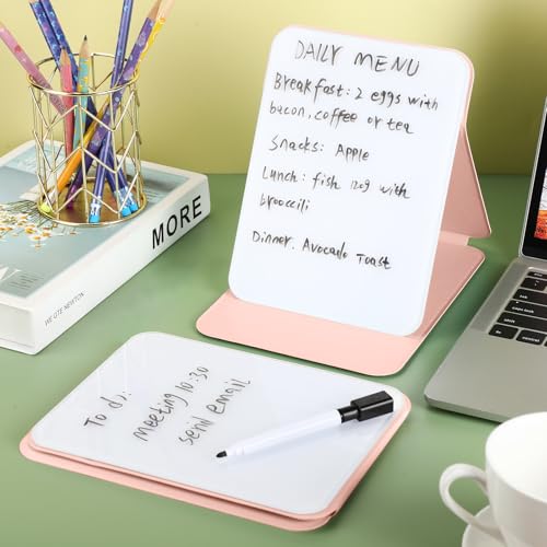 Dunzoom 2 Sets 4 Pcs Small Glass Desktop Whiteboard with Reversable Stand 8x6 Inch Mini Dry Erase White Board Easel with 2 Markers Reusable Desk Notepad for Home Office School Supplies (Pink) - color: Pink