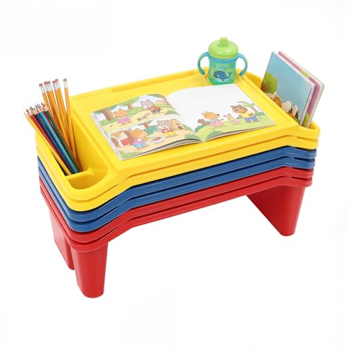 6 Pack Kids Lap Desk, Portable Activity Tray with Side Storage, Stackable Plastic Breakfast Laptop Trays for Home, Classroom, Daycare (Red+Blue+Yellow)