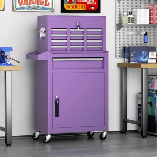 Oakcloud Heavy-Duty 5-Drawer Rolling Tool Chest & Cabinet Combo with Black Liner – Lockable Steel Garage Tool Box on Wheels – Detachable Top Toolbox & Bottom Storage Cart with Side Hooks, Purple - color: Purple, size: 5-drawer