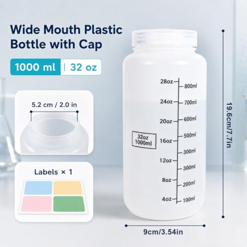 METAPACK 32 oz/1000 ml Wide Mouth Plastic Bottles with Airtight Lids, Graduated Food Grade HDPE Sample Containers, Leakproof for Water, Lab Liquids, Medicine and Powder Storage, Translucent, 3 Pack - size: 32 Ounces