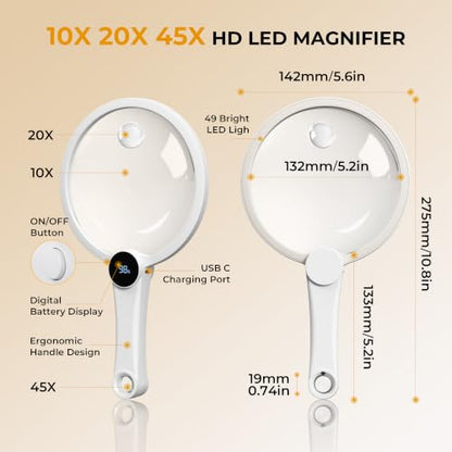 Magnifying Glass with Light, 10X 20X 45X Lighted Magnifying Glass (White) - color: White