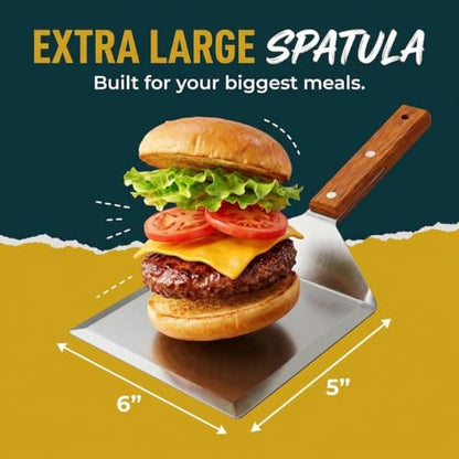Extra Wide Spatula with Beveled Edges, Oversized Stainless-Steel Spatula with Wood Handle for Skillets, Griddles & Pancake Flipper for Burgers, Omelet, and Versatile for Culinary Task, 6 x 5-inches - size: 5" x 6"