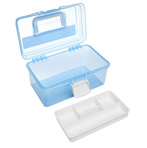 MyGift 10 Inch Blue Plastic Storage Box With Removable Tray Organizer