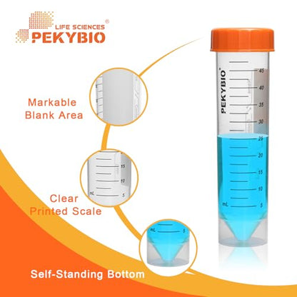 PEKYBIO Centrifuge Tubes 50ml Self-Standing Sterilized Polypropylene Graduated Test Tube with Seal Screw Cap Sample Storage Container, Pack of 50 - size: 50ML Self Standing