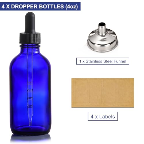 4 Pack 4oz Glass Dropper Bottles with Measured Dropper - 120ml Dark Blue Tincture Bottles with Calibrated Glass Eye Droppers (1ml), Leakproof Essential Oils Bottles for Health, Personal Care & Beauty - color: Blue