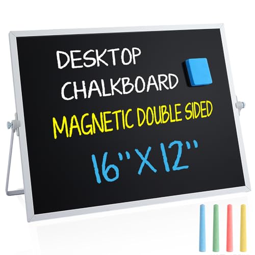 Small Magnetic Chalk Board Easel 16"X12", Double-Sided Tabletop & Wall Hanging Chalkboard with 4 Chalks & Eraser, Desktop Mini Black Board Sign for Office Desk Home Menu and School - size: 16"X12"
