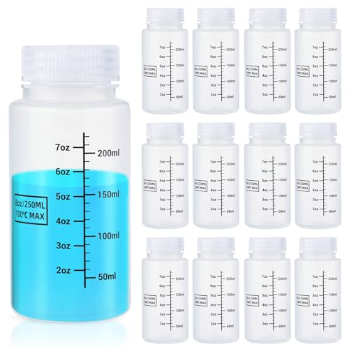 Tatuo 12 Pcs 8oz 250 ml Plastic Sample Bottles with Screw Cap, Liquid Containers with Lid for Lab Reagent Sample Medicine Pill Water Storage, Travel Bottles(Translucent,Wide Mouth-Dark Scale) - color: Translucent, size: 8 oz 250 ml, style: Wide Mouth-dark