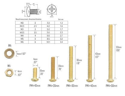 LBY 160pcs Machine Screws Assortment Kit, M4 Phillips Pan Head Bolts, 5 Sizes (with Nuts and Flat Washers), Copper (Yellow) - size: M4