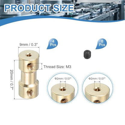 PATIKIL Shaft Coupling Joint 2mm to 2mm, 4 Pcs Brass Motor Shaft Coupler Extension Connector Rigid Sleeve Adapter Transmission Joint with M3 Screws for RC Car Airplane Tires Motor Robot - size: 2mm-2mm