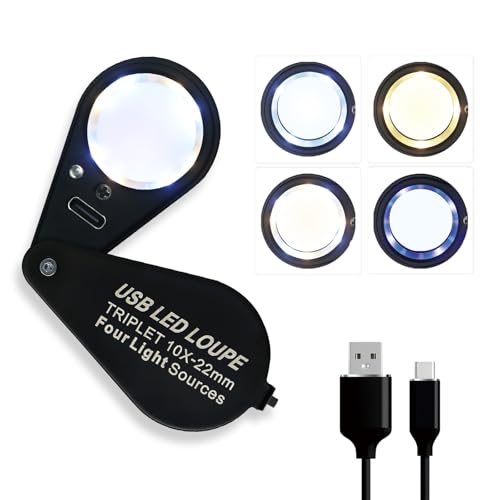 10X Rechargeable Jewelers Loupe with UV & LED Lights Four Light Modes, 22mm Triplet Lens Illuminated Folable Eye Loop Magnifier Pocket Jewelry Magnifying Glass for Jewelry, Gemstone, Coins, Stamps - color: Black
