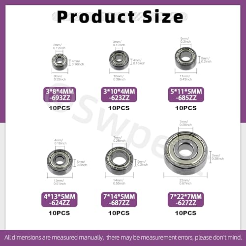 Swpeet 60Pcs 6 Sizes 693ZZ, 623ZZ, 624ZZ, 685ZZ, 687ZZ,627ZZ Ball Bearings Assortment Kit, Carbon Steel Deep Groove Bearings, Double Shielded Bearings, Small Bearing