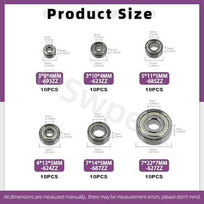 Swpeet 60Pcs 6 Sizes 693ZZ, 623ZZ, 624ZZ, 685ZZ, 687ZZ,627ZZ Ball Bearings Assortment Kit, Carbon Steel Deep Groove Bearings, Double Shielded Bearings, Small Bearing