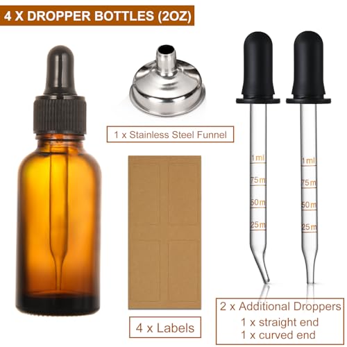 4 Pack, 2 oz Dropper Bottles with 2pcs Glass Pipettes(1ml) - Essential Oils Bottles for Health, Personal Care & Beauty - 60ml Thick Dark Amber Glass Tincture Bottle with Eye Droppers, Leakproof - color: Amber with Eye Droppers and 2 Graduated Droppers