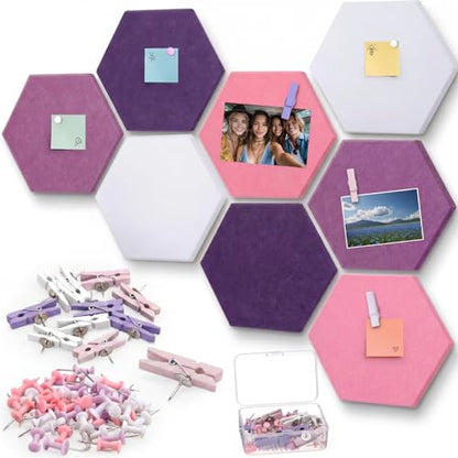 Mooliwe 8 Pcs 12 Inch Hexagon Cork Board Tiles Pins Clips, Pink - color: Pink