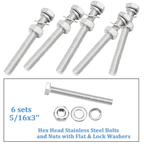 6 Sets 5/16-18 x 3" Stainless Steel Hex Head Screws Bolts, Flat, Nuts & Lock Washers,Hex Bolts 18-8(304) Full Thread - color: Silver-hex, size: 5/16-18x3"(6 sets)