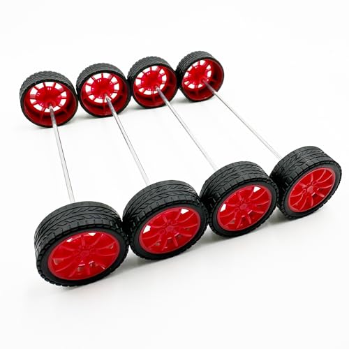 12PCS Toy Car Wheels 30mm Model Car Rubber Tire Wheels with 6PCS Shaft Round Axles for for RC Car Truck Robot DIY Model Toy Building Project Accessories (Red)