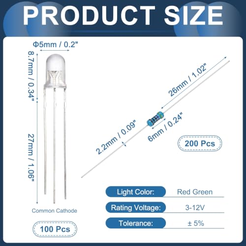 MECCANIXITY 100pcs 5mm LED Diode Lights, Red Green Common Cathode DC 3-12V - color: Red Green, size: 5mm