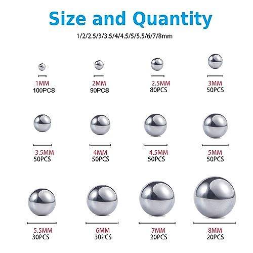 304 Stainless Steel Ball 620Pcs 1-8mm Metric Precision Assorted Loose Bicycle Bearing Steel Ball Assortment Kit（12 Sizes） - size: 0.039-0.315" (12 Sizes)