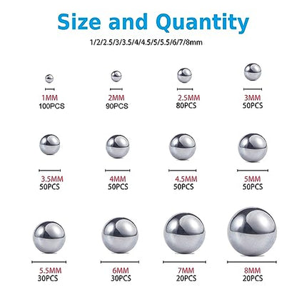 304 Stainless Steel Ball 620Pcs 1-8mm Metric Precision Assorted Loose Bicycle Bearing Steel Ball Assortment Kit（12 Sizes） - size: 0.039-0.315" (12 Sizes)