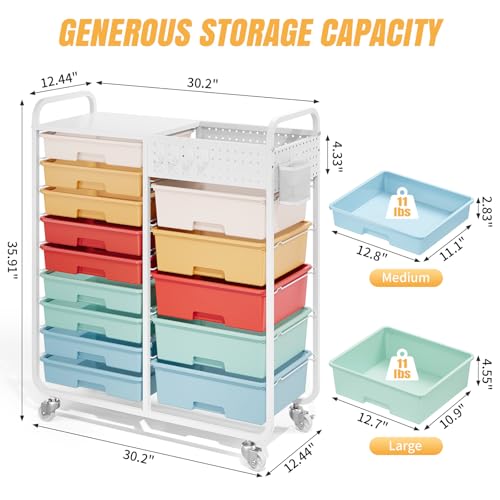 14 Drawer Rolling Storage Cart with Tabletop and Pegboard for Craft Color - color: Rainbow
