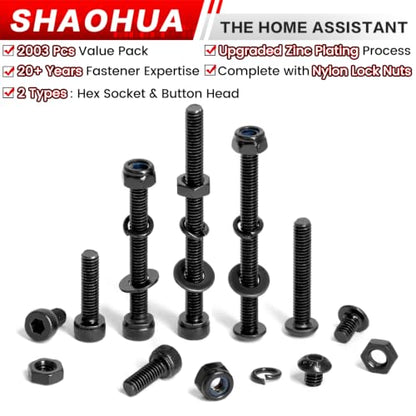 2002Pcs M4 Hex Socket & Button Head Bolts and Nuts with Nylon Nuts - size: K. M4
