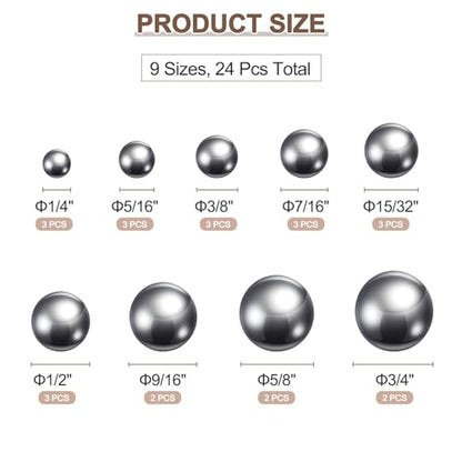 uxcell 24pcs G200 Precision Balls Assortment Kit 3/4" 5/8" 9/16" 1/2" 7/16" 3/8" 5/16" 1/4" 15/32" 304 Stainless Steel Solid Bearing Balls