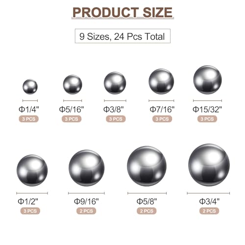 uxcell 24pcs G200 Precision Balls Assortment Kit 3/4" 5/8" 9/16" 1/2" 7/16" 3/8" 5/16" 1/4" 15/32" 304 Stainless Steel Solid Bearing Balls
