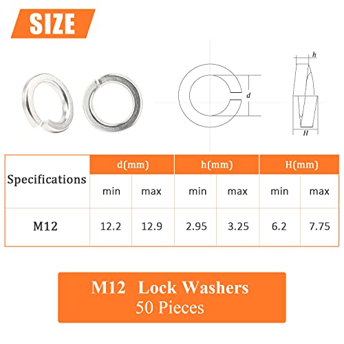 HELIFOUNER 50 Pieces M12 Stainless Steel Split Lock Washers, 304 Stainless Steel Spring Lock Washers for Screws Bolts, Silver - color: Silver, size: M12 (50 PCS)